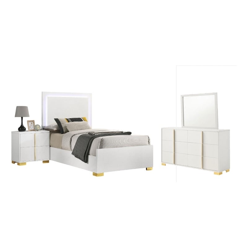 Benjara Dex 4 Piece Twin Bedroom Set- White/Gold Accents- LED Headboard