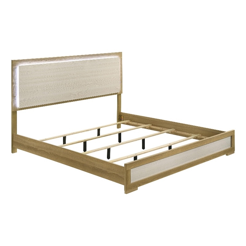 Benjara Hyle King Size Bed- Natural Brown Hardwood- LED Backlit Headboard
