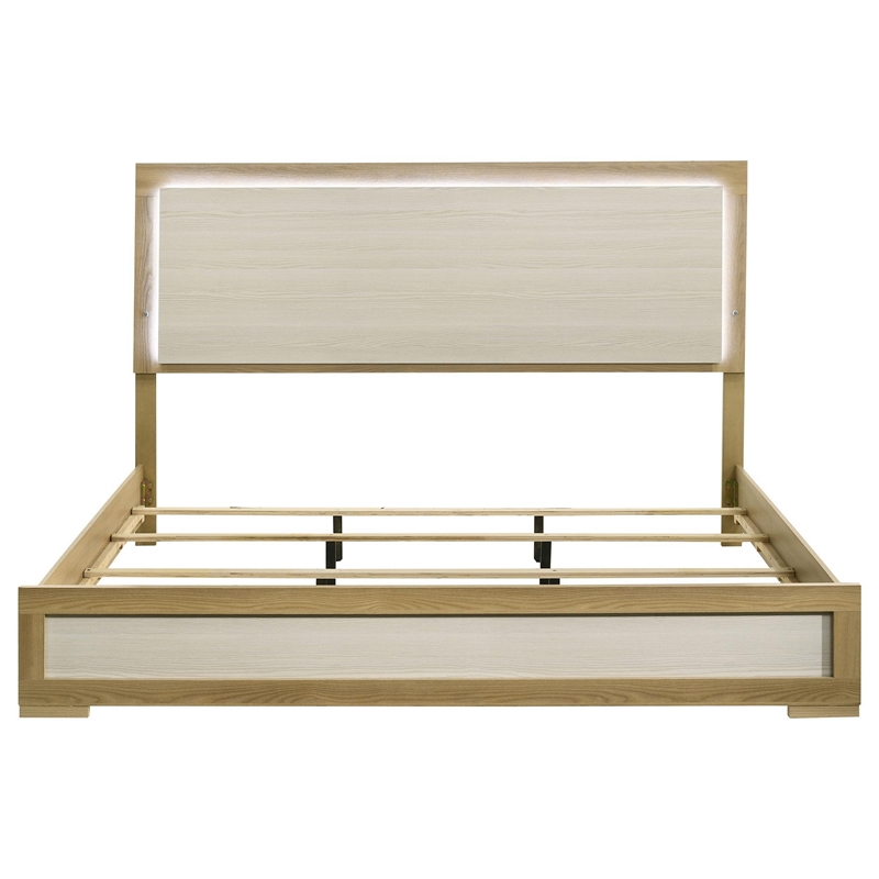 Benjara Hyle King Size Bed- Natural Brown Hardwood- LED Backlit Headboard