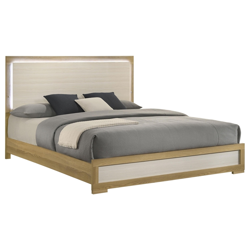 Benjara Hyle King Size Bed- Natural Brown Hardwood- LED Backlit Headboard