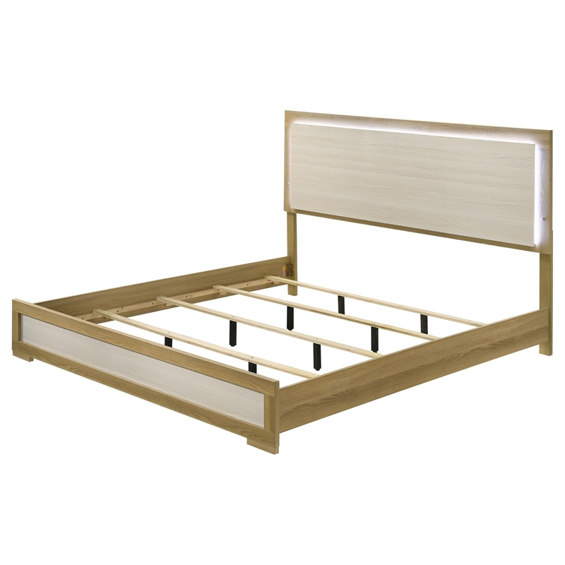 Benjara Hyle King Size Bed- Natural Brown Hardwood- LED Backlit Headboard
