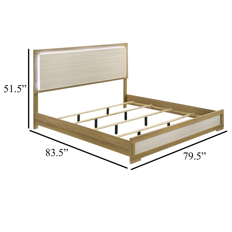 Benjara Hyle King Size Bed- Natural Brown Hardwood- LED Backlit Headboard