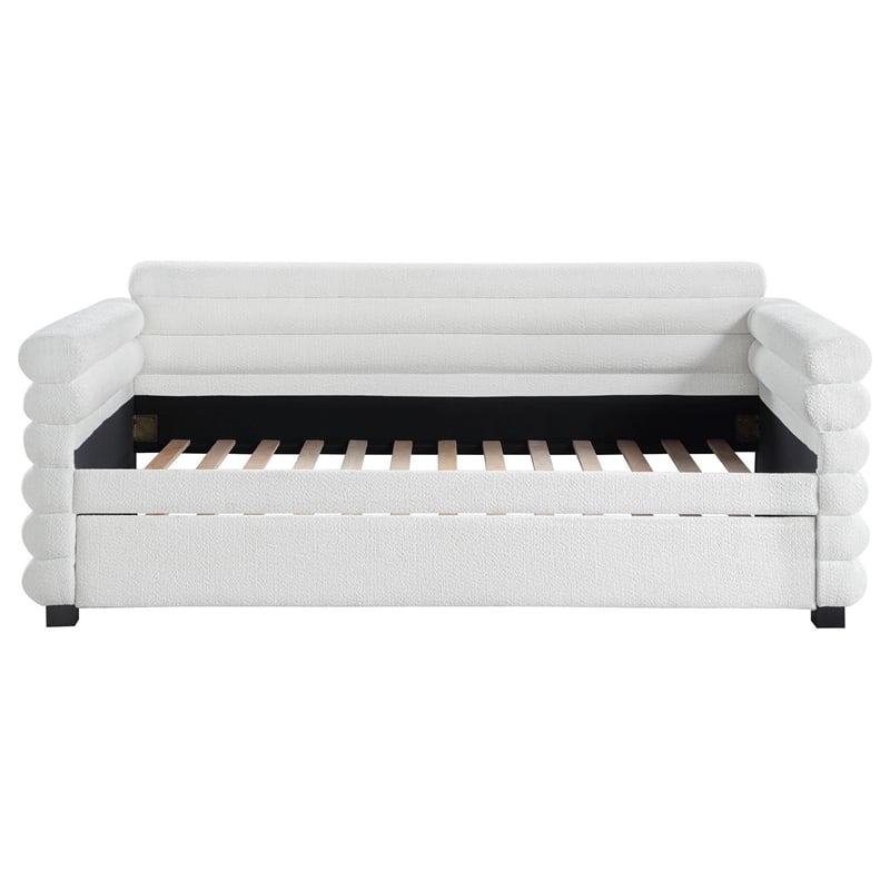 Benjara Ricia Twin Daybed with Trundle- Layered Bolster Design- White Boucle