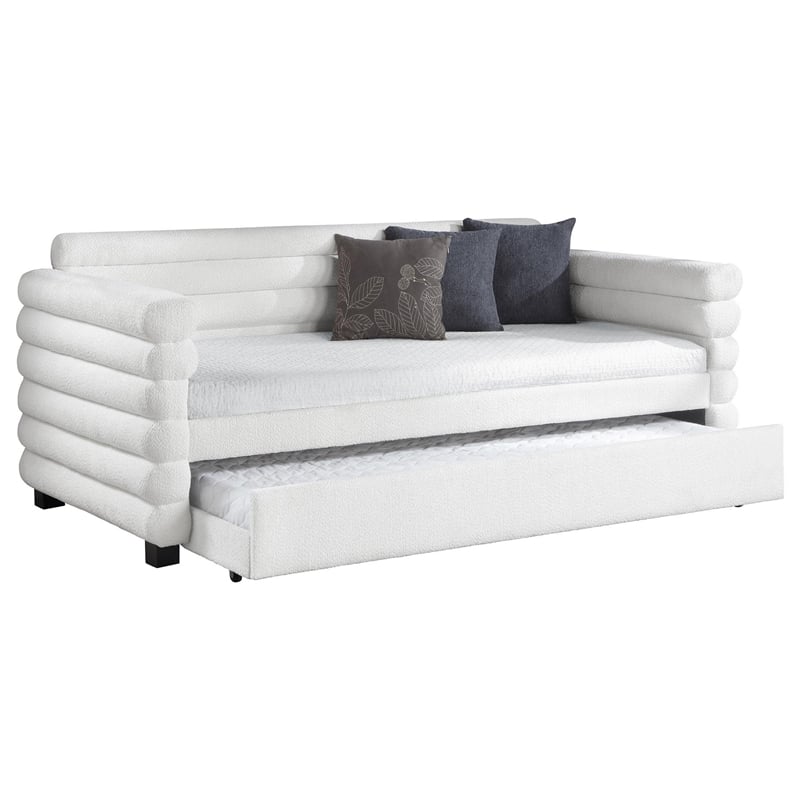 Benjara Ricia Twin Daybed with Trundle- Layered Bolster Design- White Boucle