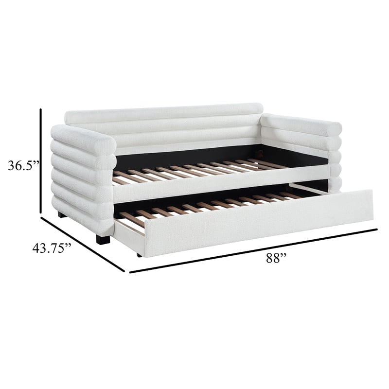 Benjara Ricia Twin Daybed with Trundle- Layered Bolster Design- White Boucle