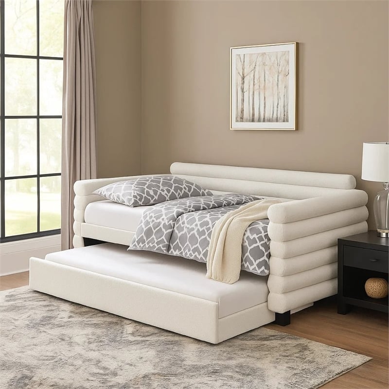 Benjara Ricia Twin Daybed with Trundle- Layered Bolster Design- White Boucle