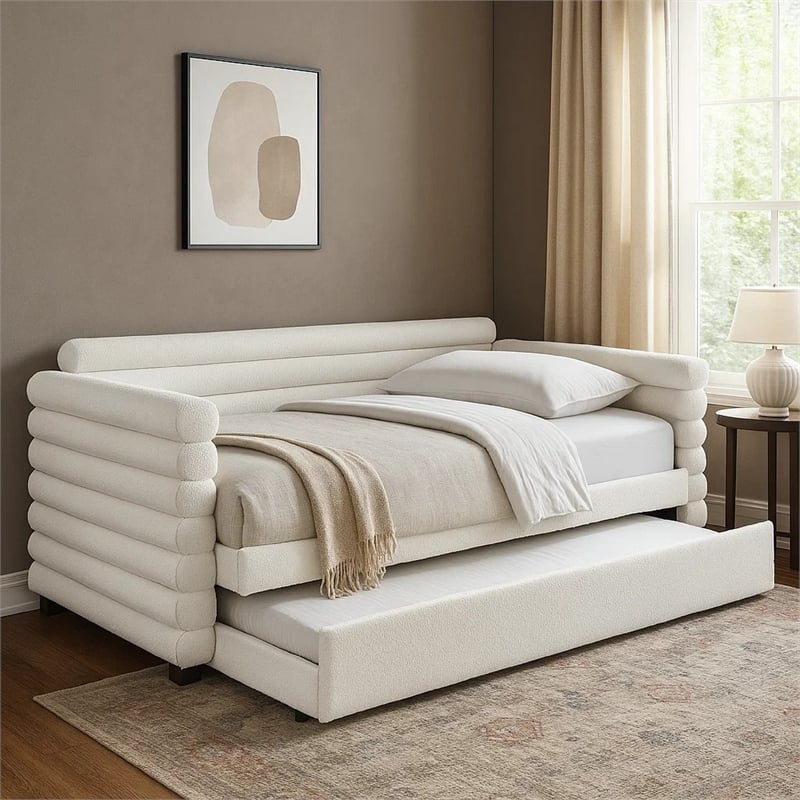 Benjara Ricia Twin Daybed with Trundle- Layered Bolster Design- White Boucle