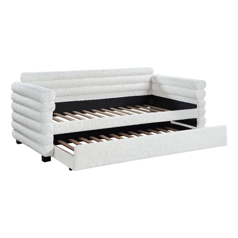 Benjara Ricia Twin Daybed with Trundle- Layered Bolster Design- White Boucle