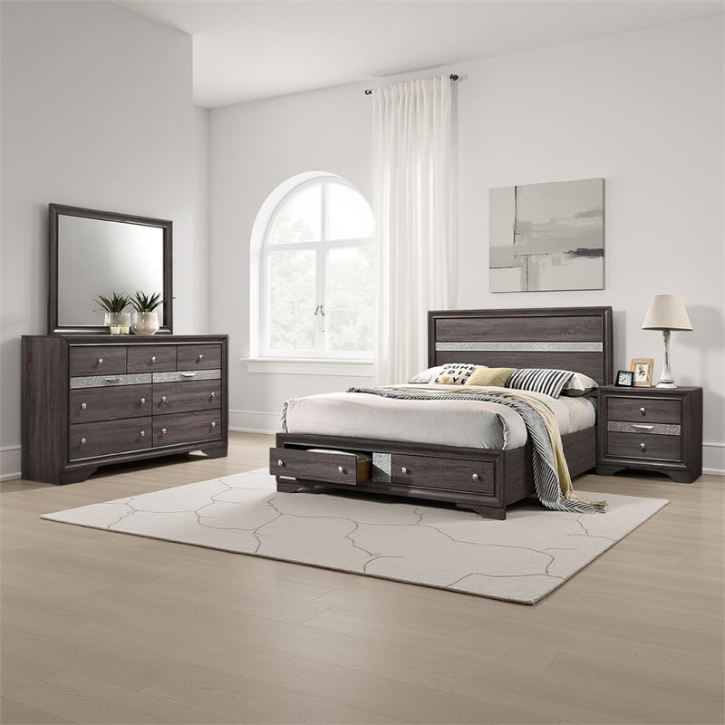 Benjara Po Four PC Queen Size Silver Accented Solid Wood Bedroom Set-Gray-Brown