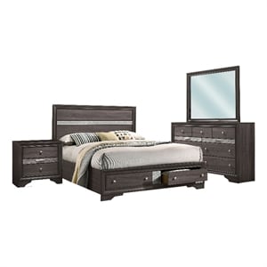 Benjara Po Four PC Queen Size Silver Accented Solid Wood Bedroom Set-Gray-Brown