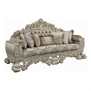 Benjara 99&quot Esen Ornate Sofa- 7 Accent Pillows- Gold- Tufted Brown Velvet