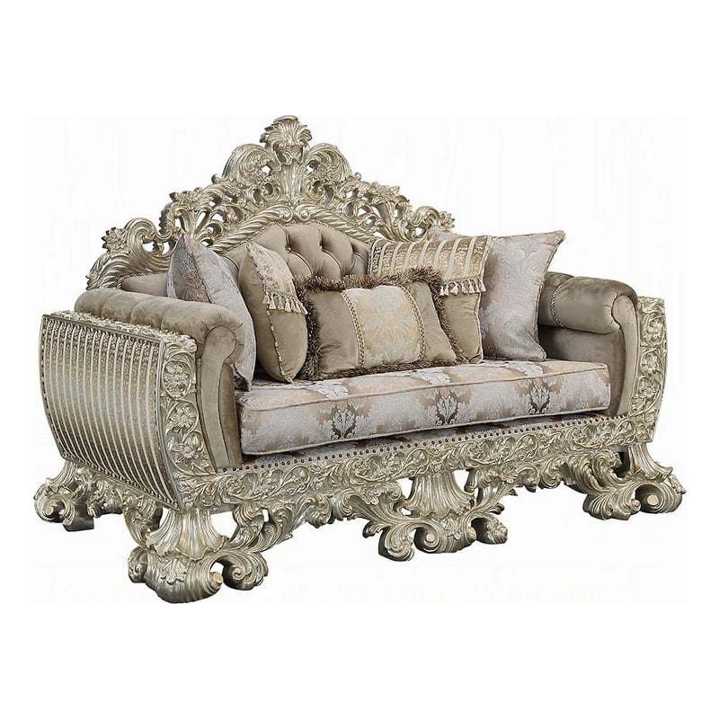 Benjara Esen Ornate Loveseat- 5 Accent Pillows- Gold - Tufted Brown Velvet