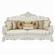 Benjara Rox Ornate Sofa- 7 Accent Pillows- Silver- Tufted White Faux Leather