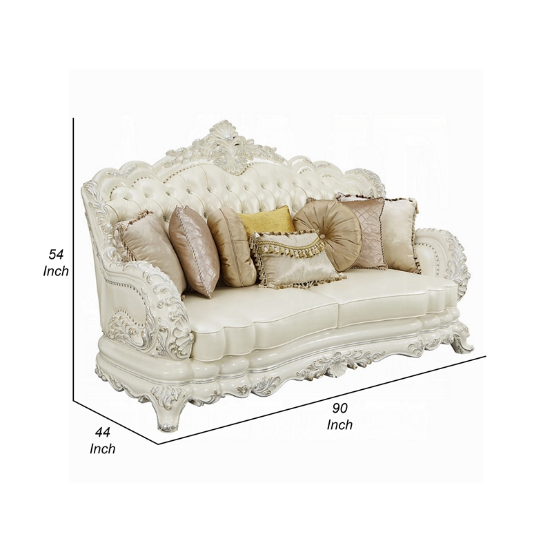 Benjara Rox Ornate Sofa- 7 Accent Pillows- Silver- Tufted White Faux Leather