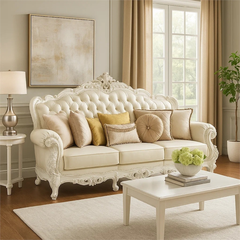 Benjara Rox Ornate Sofa- 7 Accent Pillows- Silver- Tufted White Faux Leather