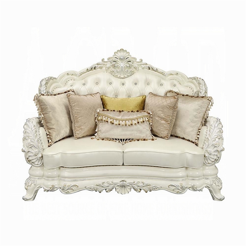Benjara Rox Ornate Loveseat- 7 Accent Pillows- Tufted White Faux Leather
