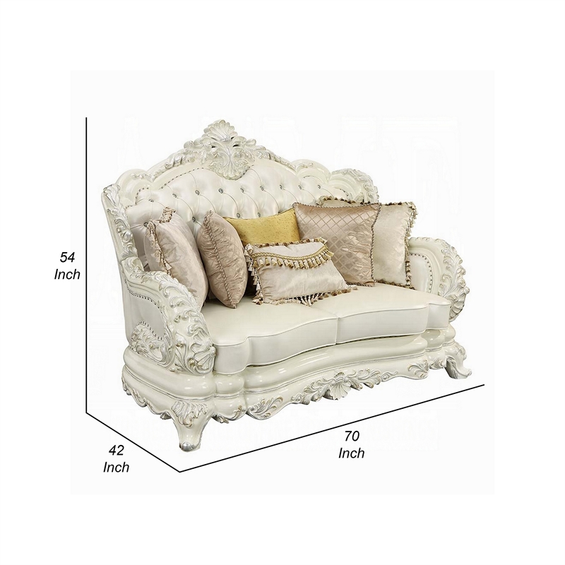 Benjara Rox Ornate Loveseat- 7 Accent Pillows- Tufted White Faux Leather