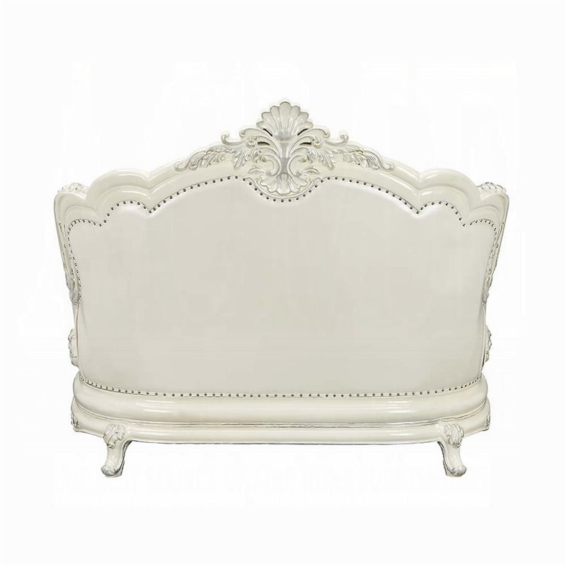 Benjara Rox Ornate Loveseat- 7 Accent Pillows- Tufted White Faux Leather