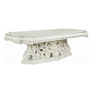 Benjara 107&quot Rox Dining Table- Classic Carved Pedestal- White and Gold