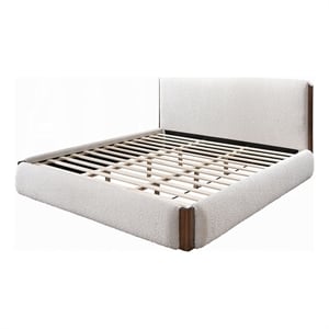 Benjara Fedro King Bed- Low Profile- White Boucle Upholstery- Walnut Brown