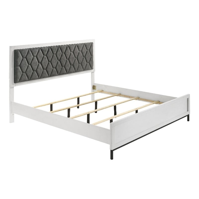 Benjara Noro California King Bed- White Melamine- Hexagonal Tufted Upholstery