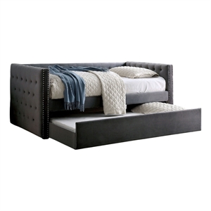 Benjara Suzo Daybed with Trundle- Gray Flannelette Upholstery- Nailhead Trim