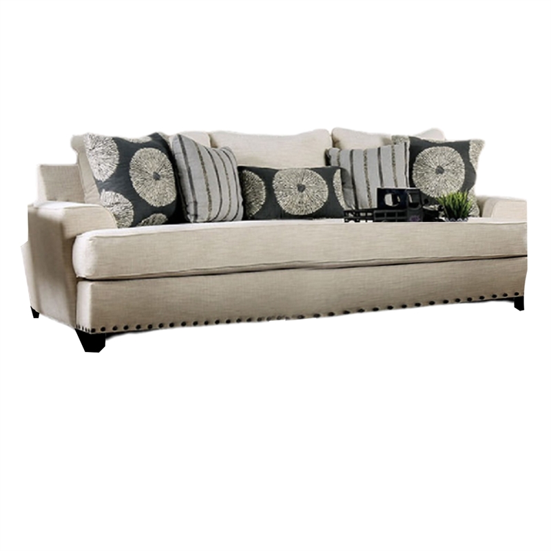 Benjara Maine 2pc Sofa and Loveseat Set- 8 Throw Pillows- Ivory Chenille