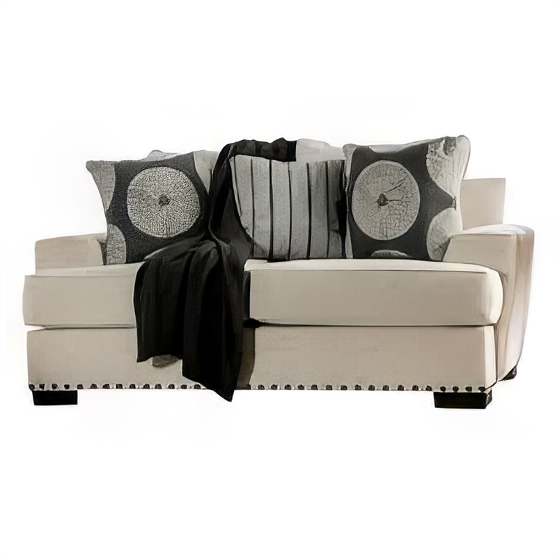 Benjara Maine 2pc Sofa and Loveseat Set- 8 Throw Pillows- Ivory Chenille