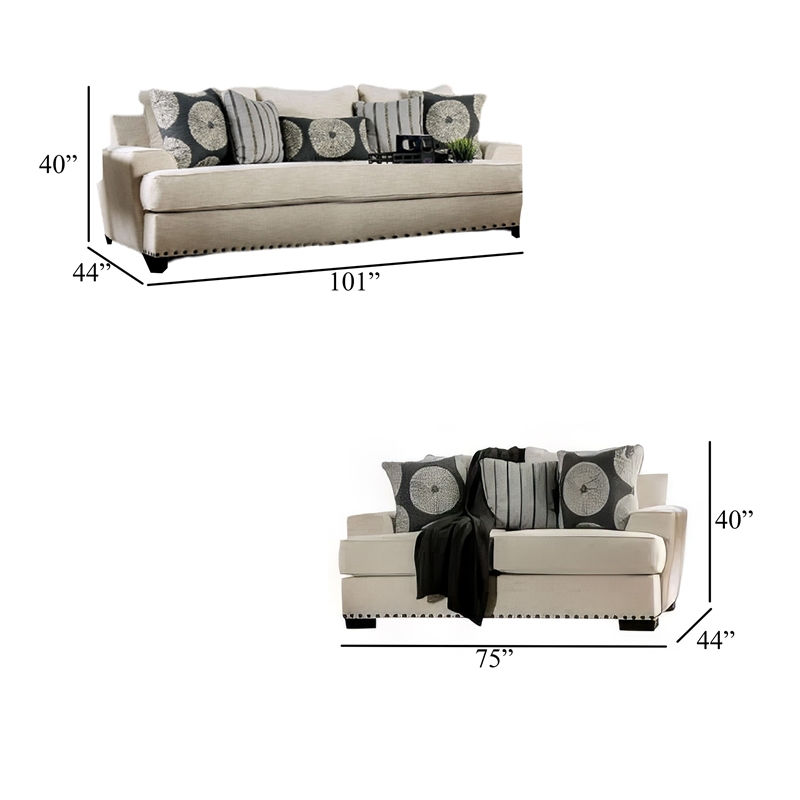Benjara Maine 2pc Sofa and Loveseat Set- 8 Throw Pillows- Ivory Chenille