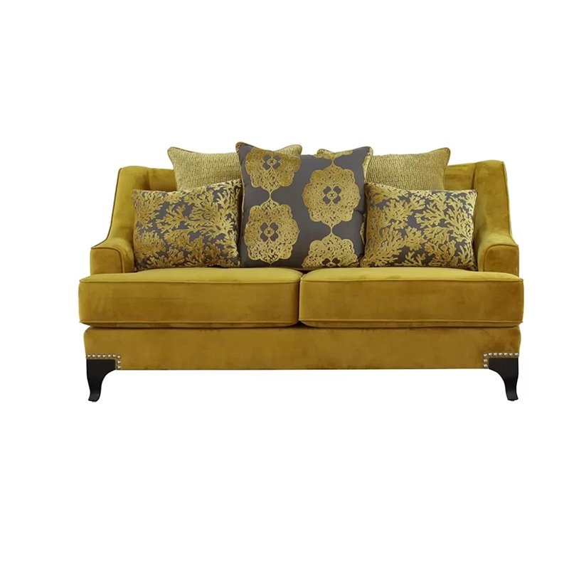 Benjara Visco 2pc Sofa- Loveseat Set- 8 Throw Pillows- Rivet Trim- Gold Yellow