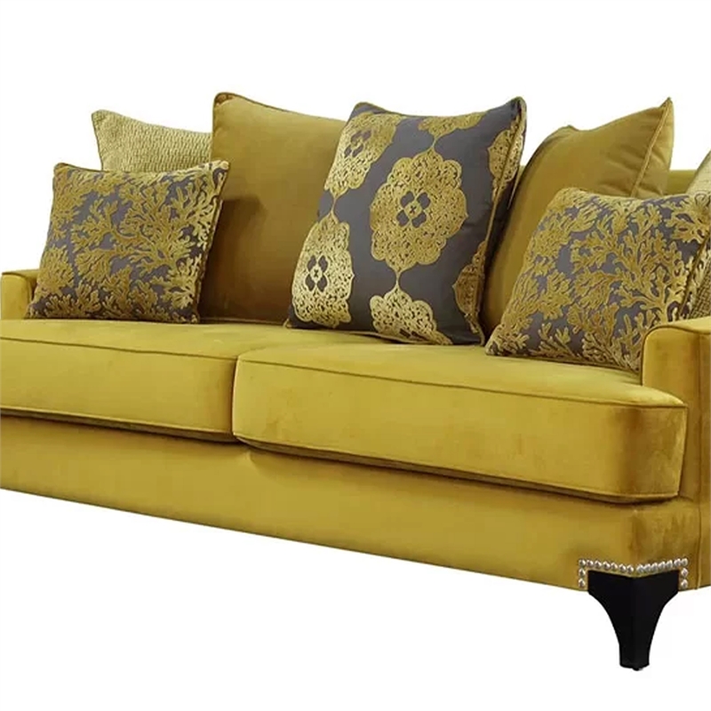 Benjara Visco 2pc Sofa- Loveseat Set- 8 Throw Pillows- Rivet Trim- Gold Yellow