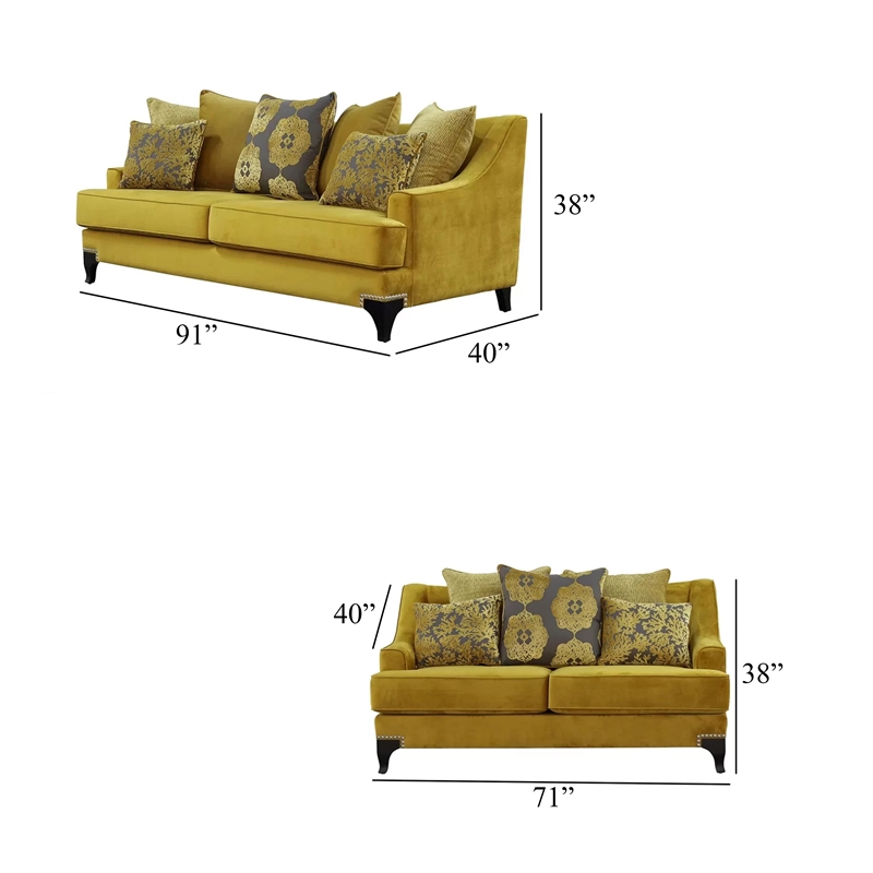 Benjara Visco 2pc Sofa- Loveseat Set- 8 Throw Pillows- Rivet Trim- Gold Yellow