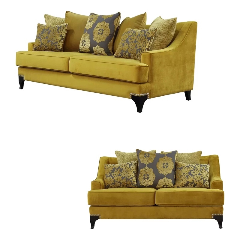 Benjara Visco 2pc Sofa- Loveseat Set- 8 Throw Pillows- Rivet Trim- Gold Yellow