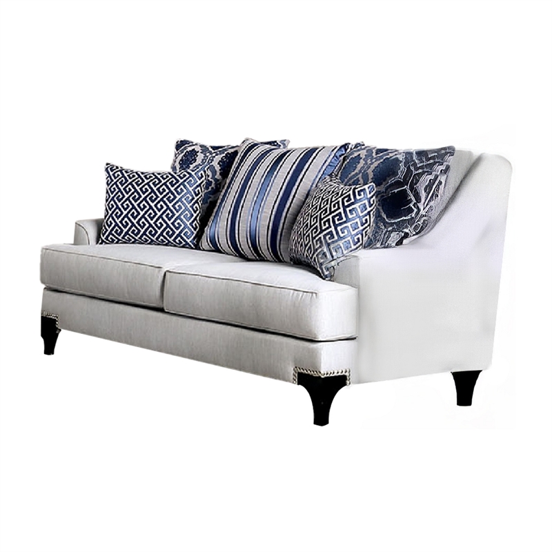 Benjara Eton 2pc Sofa and Loveseat Set- 12 Throw Pillows- Light Gray Chenille