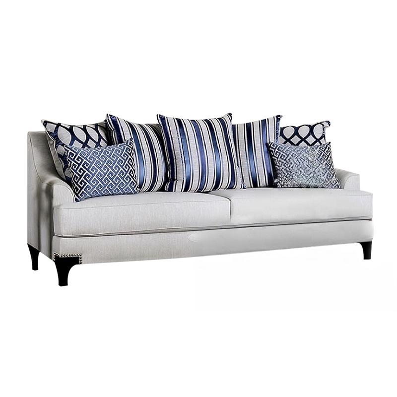 Benjara Eton 2pc Sofa and Loveseat Set- 12 Throw Pillows- Light Gray Chenille