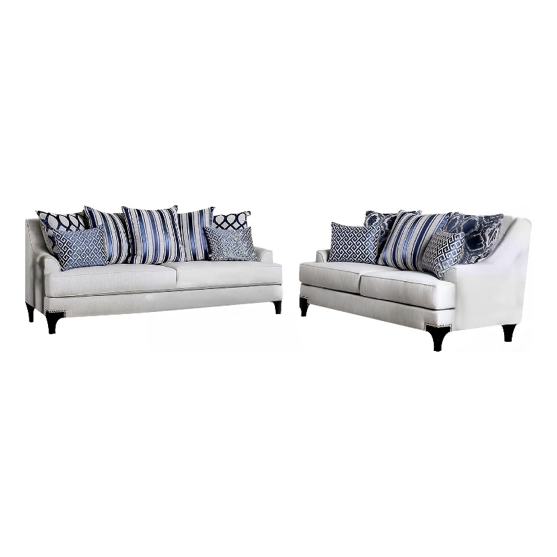 Benjara Eton 2pc Sofa and Loveseat Set- 12 Throw Pillows- Light Gray Chenille