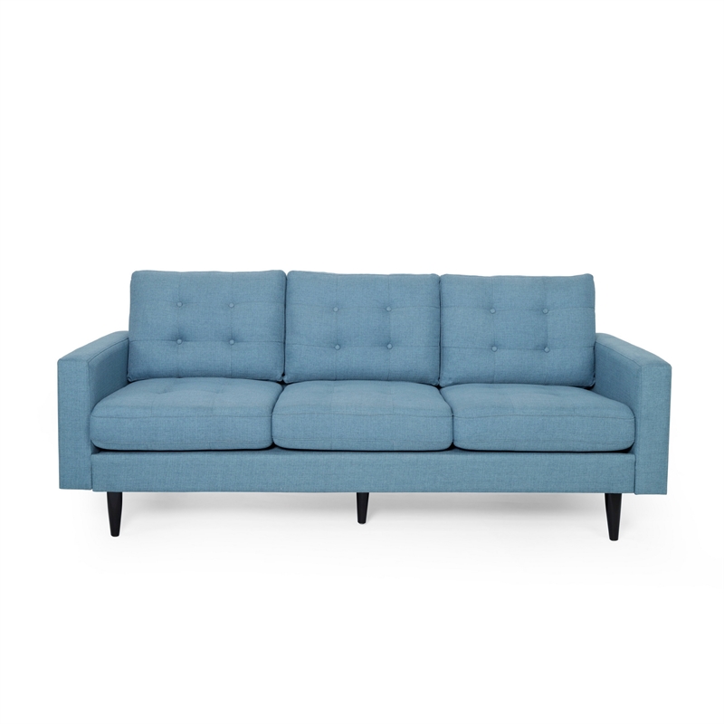 Benjara Apex Sofa- 3 Seater- 83 Inch- Button Tufted- Light Blue Fabric- Black