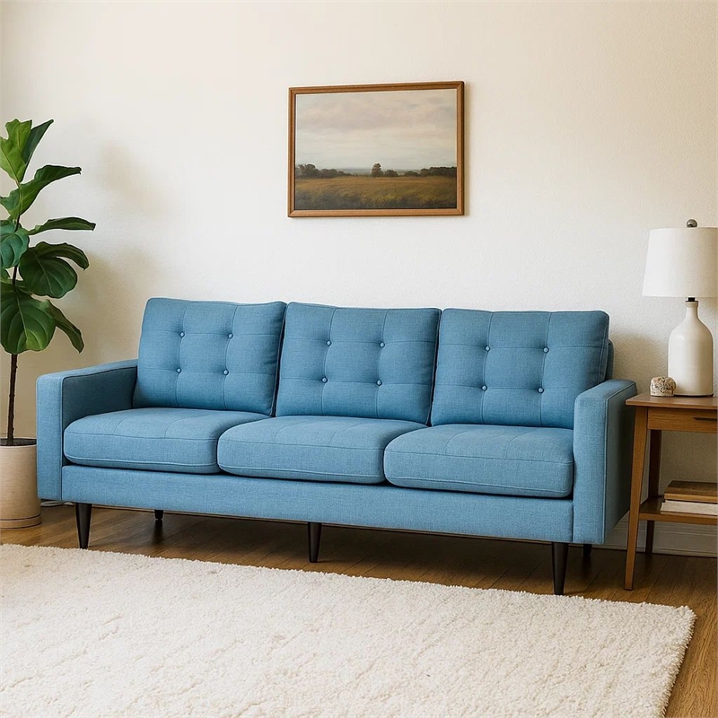 Benjara Apex Sofa- 3 Seater- 83 Inch- Button Tufted- Light Blue Fabric- Black