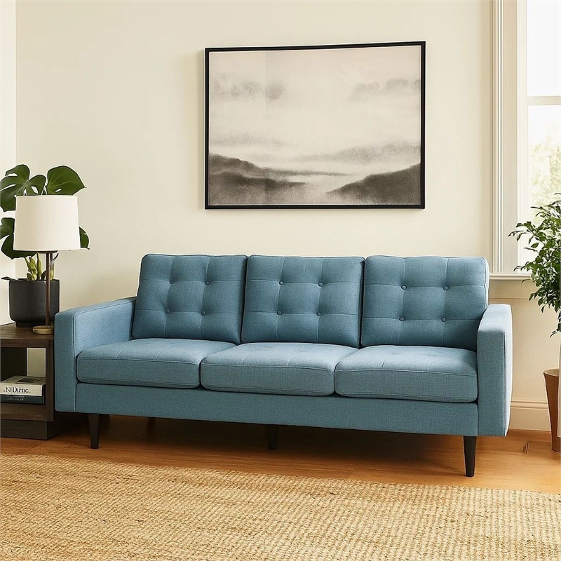 Benjara Apex Sofa- 3 Seater- 83 Inch- Button Tufted- Light Blue Fabric- Black