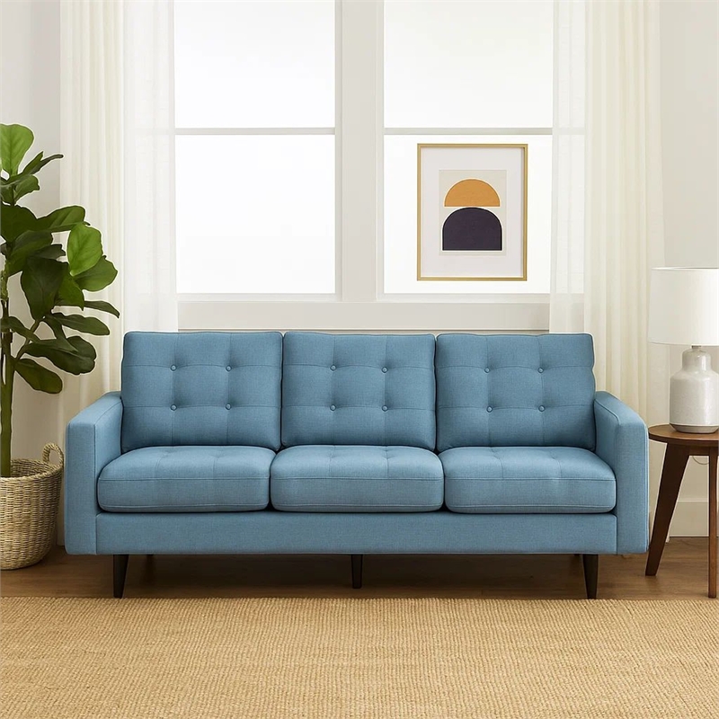 Benjara Apex Sofa- 3 Seater- 83 Inch- Button Tufted- Light Blue Fabric- Black