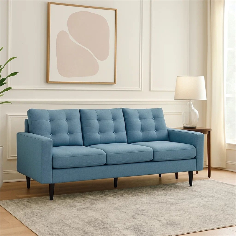 Benjara Apex Sofa- 3 Seater- 83 Inch- Button Tufted- Light Blue Fabric- Black
