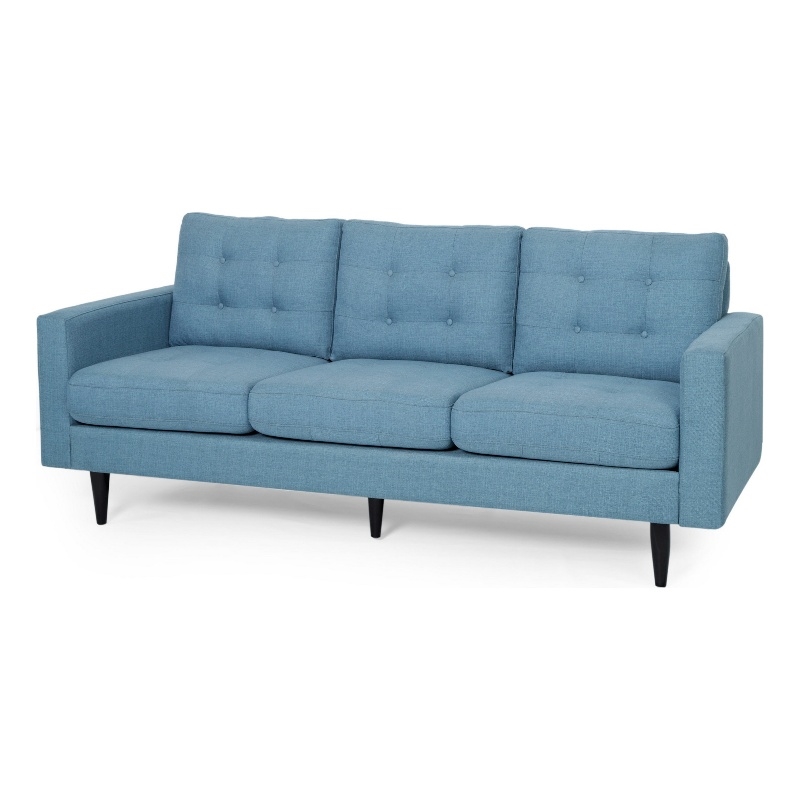 Benjara Apex Sofa- 3 Seater- 83 Inch- Button Tufted- Light Blue Fabric- Black
