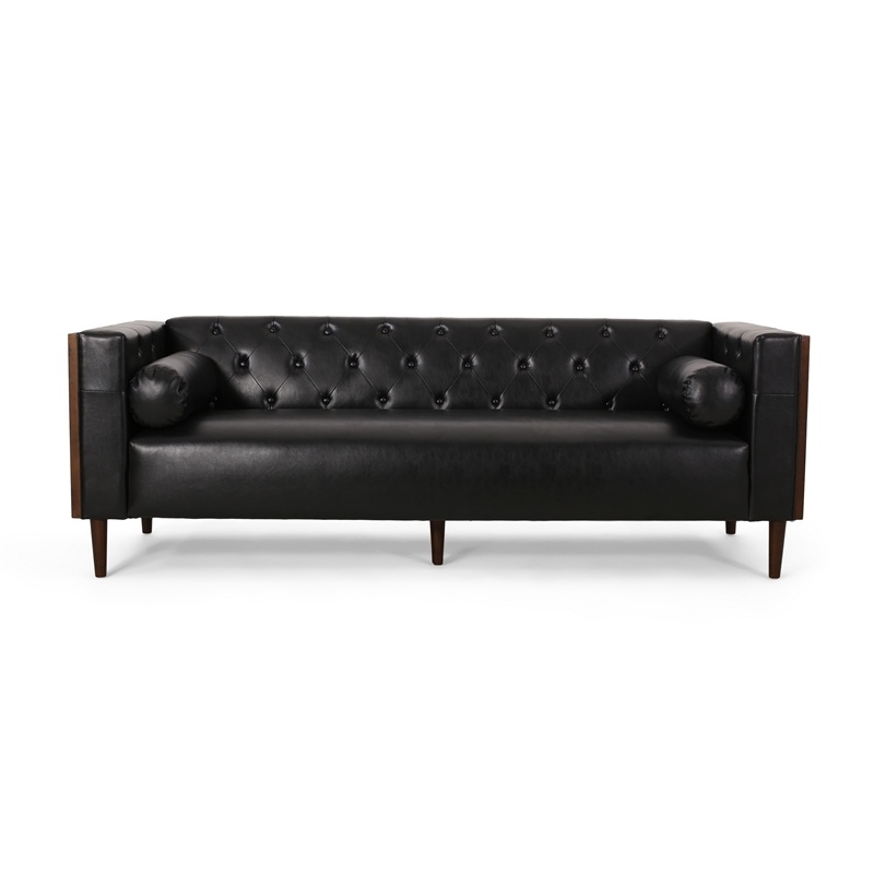Benjara Biya Sofa- 90 Inch- Chesterfield Tufted Black Faux Leather- 2 Pillows