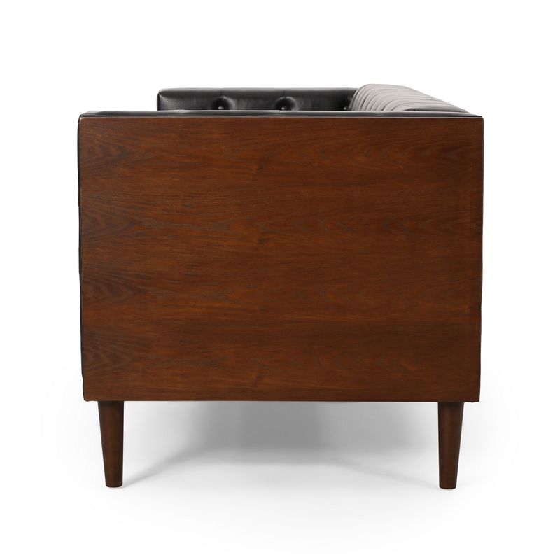 Benjara Biya Sofa- 90 Inch- Chesterfield Tufted Black Faux Leather- 2 Pillows