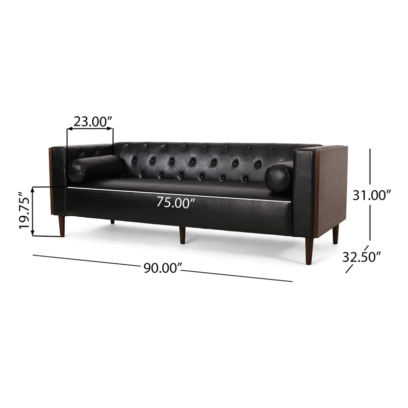 Benjara Biya Sofa- 90 Inch- Chesterfield Tufted Black Faux Leather- 2 Pillows