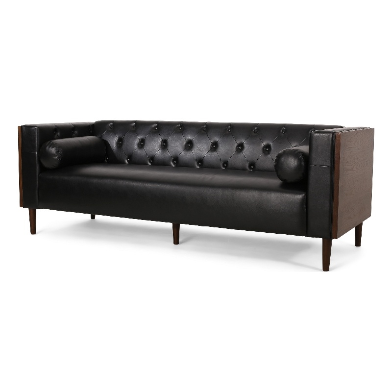 Benjara Biya Sofa- 90 Inch- Chesterfield Tufted Black Faux Leather- 2 Pillows