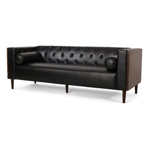 Benjara Biya Sofa- 90 Inch- Chesterfield Tufted Black Faux Leather- 2 Pillows