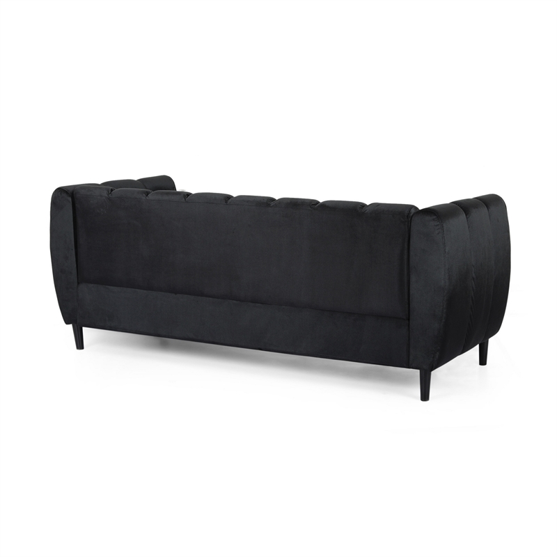 Benjara Orla Sofa- 83 Inch- Retro Channel Tufted Stitch Design- Black Velvet