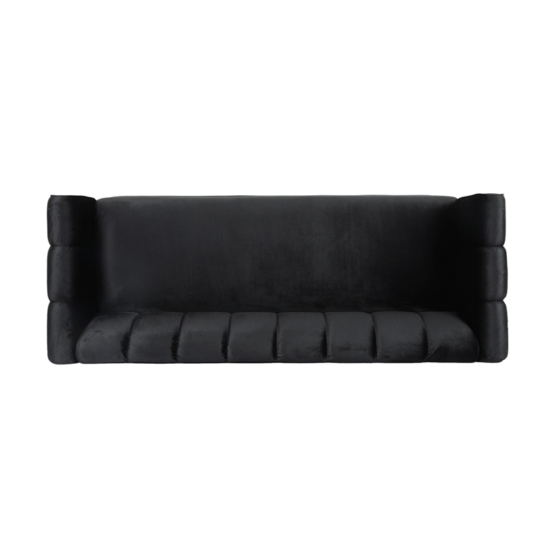 Benjara Orla Sofa- 83 Inch- Retro Channel Tufted Stitch Design- Black Velvet