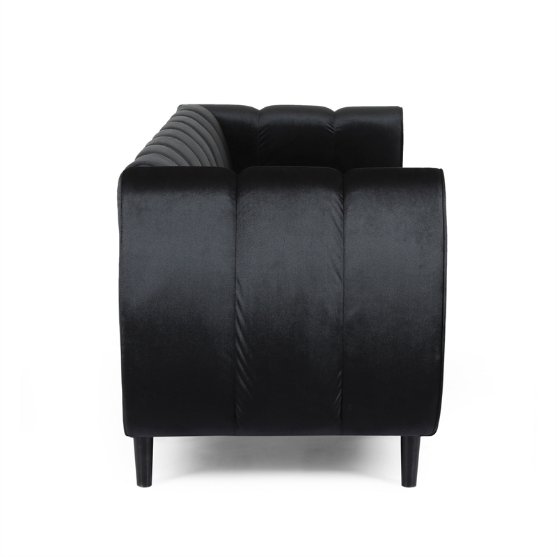 Benjara Orla Sofa- 83 Inch- Retro Channel Tufted Stitch Design- Black Velvet